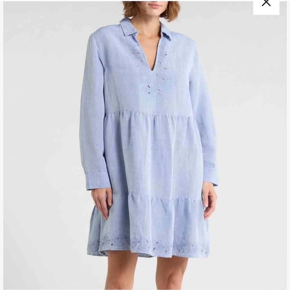 Tommy Bahama St Lucia Embroidered Linen Blend Tiered Mini Dress Womens XL Blue